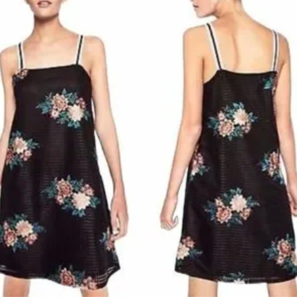 Zara Dress Mini Mesh Floral Black Embroidered Shift Whims | Size Medium - Picture 2 of 10